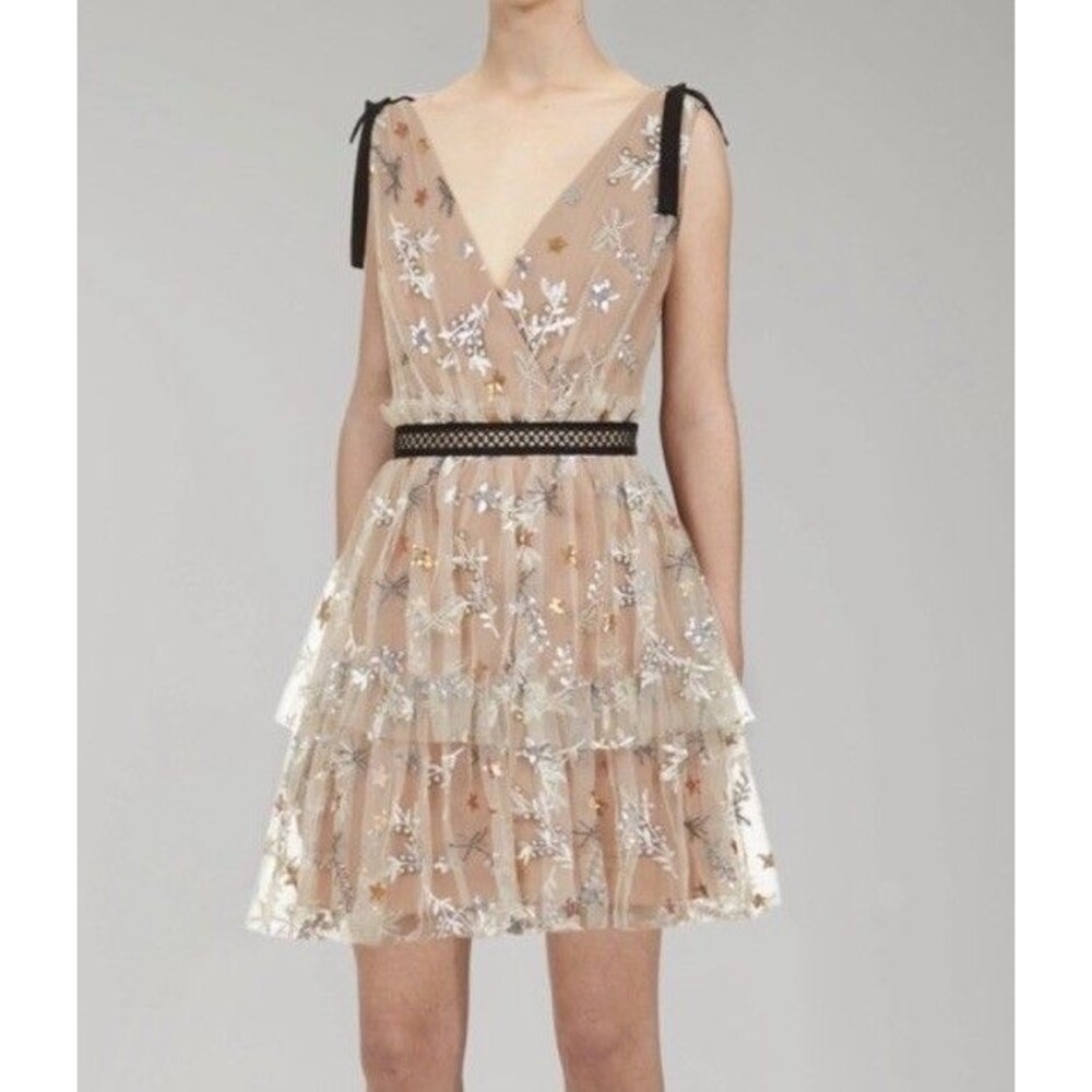 Self-Portrait Beige Tulle Embroidered Natural Star Tiered Mini Dress Sz US 4 -